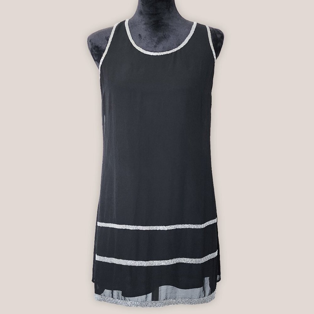 FOREVER 21 Vintage Black & Silver Shift Dress Razor Back Beaded Stripe Sheer